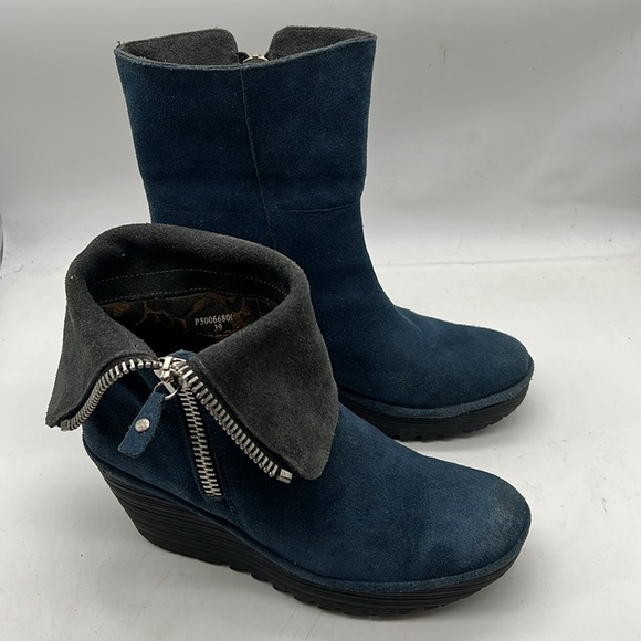 Fly London Yex Blue Suede Fold over Wedge Ankle Boots Eur 39 US 8.5 Comfort - Picture 10 of 12